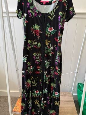 Vintage Betsey Johnson Black Maxi Dress with Multicolor Floral Print